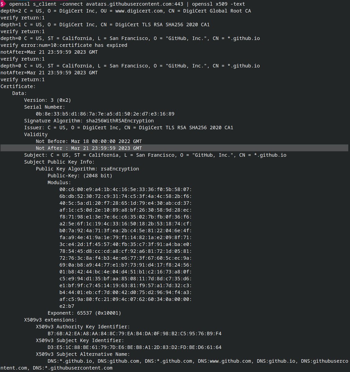 gertvdijk's tweet image. After the SSH host key f-ckup, #GitHub now has (accidentally) reverted to an older expired TLS/SSL certificate for many of its domains. 😂😭
Expired Mar 21 23:59:59 2023 GMT
#githubdown