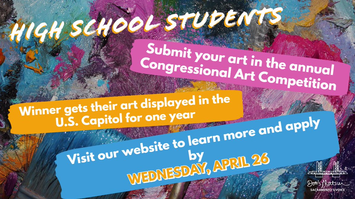 DorisMatsui's tweet photo. 🖍️ Join the 2023 Congressional Art Competition! 🎨

Any high school student in the district is eligible to apply. The winner will have their art displayed in the U.S. Capitol for one year!

The deadline is April 26. Learn more &amp; enter your masterpieces ⬇️
https://t.co/TSpqeb0mEZ https://t.co/zlbjpwN88z
