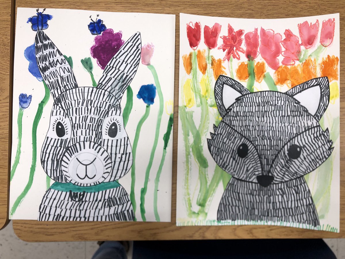 Our spring animal art turned out so well. We are learning about the element of line to create a fur-like texture on our animals. Inspiration is from Art with Mrs. Filmore.