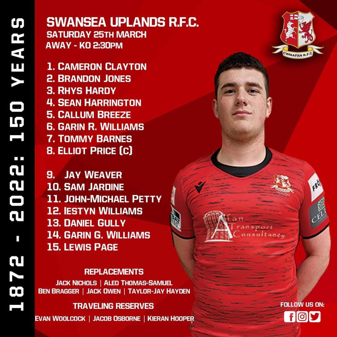 CwmafanRugby's tweet photo. ***Squad Announcement***

Your 1st XV Team to face Swansea Uplands R.F.C

K.O - 2:30pm

#BrotherToMyLeft #BrotherToMyRight
#ManyTeams #OneClub
#150Years #150More https://t.co/EZ6YeNSgbK