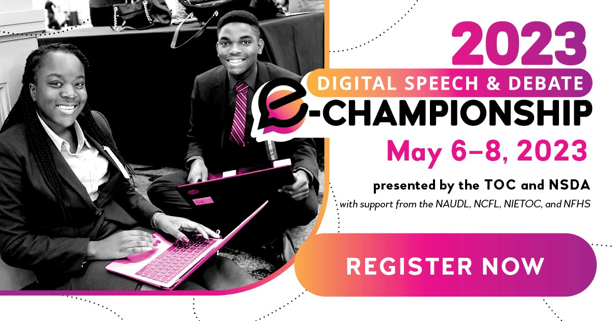 speechanddebate's tweet photo. Compete online for a national title in the first-ever Digital Speech &amp; Debate e-Championship on May 6–8, 2023! 🏆 ➡️ https://t.co/Z6JSYS2n64 https://t.co/FRcRlAYMiS