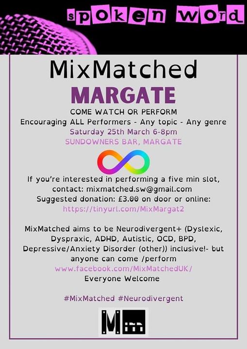 KarlAntMercer's tweet photo. MixMatched Margate! Tomorrow, 6pm-8pm!
An excellent lineup of mostly #Neurodivergent #performers!
...Including me!
Come along.
#MixMatched #ActuallyAutistic https://t.co/vhOpX6i5ZA