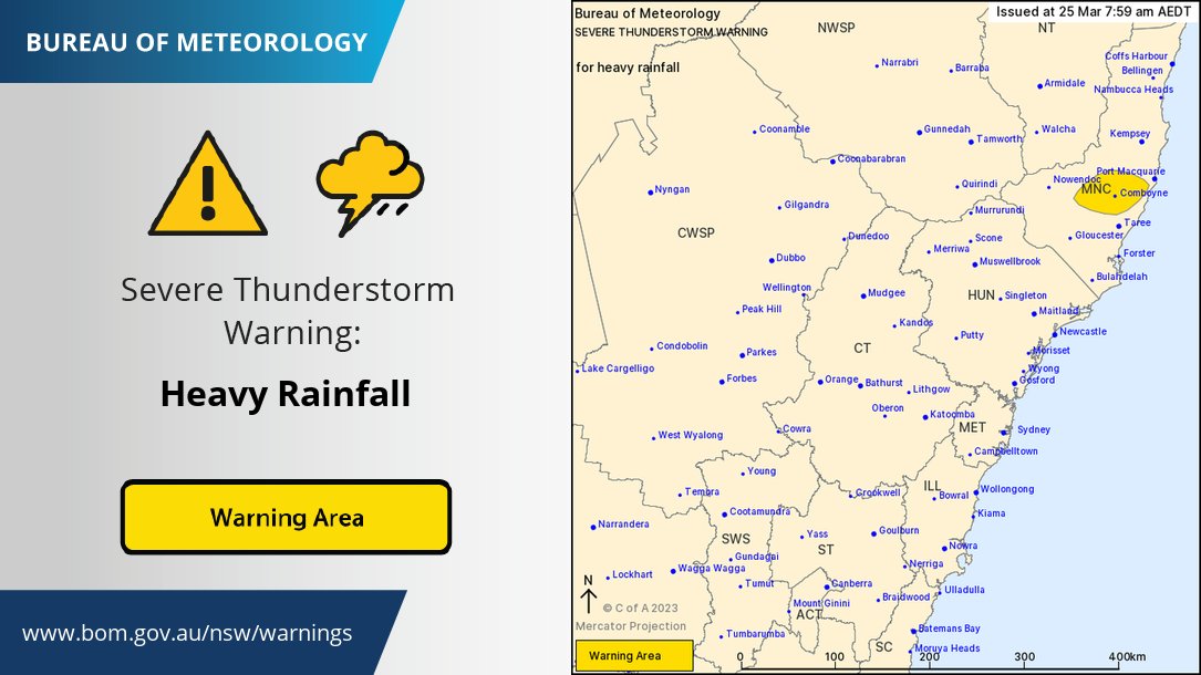 BOM_NSW's tweet photo. Severe THUNDERSTORM warning for HEAVY RAINFALL has been issued in parts of #MidNorthCoast region. #Comboyne recorded 52mm in 1hr till 7:50am. Warning https://t.co/tYiUXbyAnZ https://t.co/f4AkMls7IK