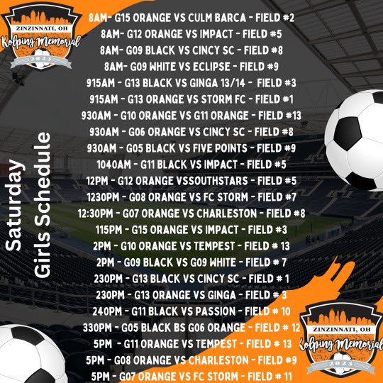 KolpingSC's tweet photo. Looking to come out and support as many Kolping SC teams as possible tomorrow at the Kolping Memorial Tournament? We got ya covered! Check both these schedules and come out to support in as many matches as possible. https://t.co/FWG4idyOYR
