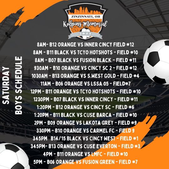 KolpingSC's tweet photo. Looking to come out and support as many Kolping SC teams as possible tomorrow at the Kolping Memorial Tournament? We got ya covered! Check both these schedules and come out to support in as many matches as possible. https://t.co/FWG4idyOYR