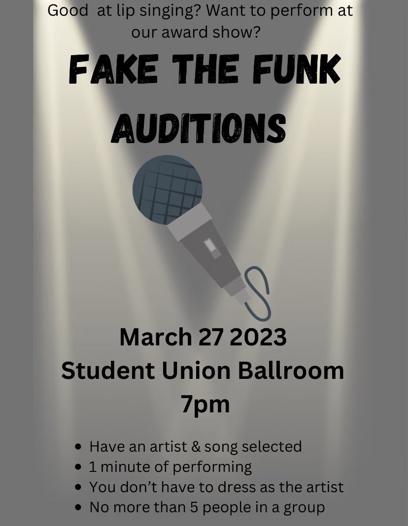 Hey, Bleu Devils👀😈💙 It's about that time again!  

Are you interested in performing in "Fake the Funk"? 🎤😁Click the link in our bio to sign up, then come to the Student Union Ballroom on March 27 at 7 p.m. to audition. See you there!🫵🏾