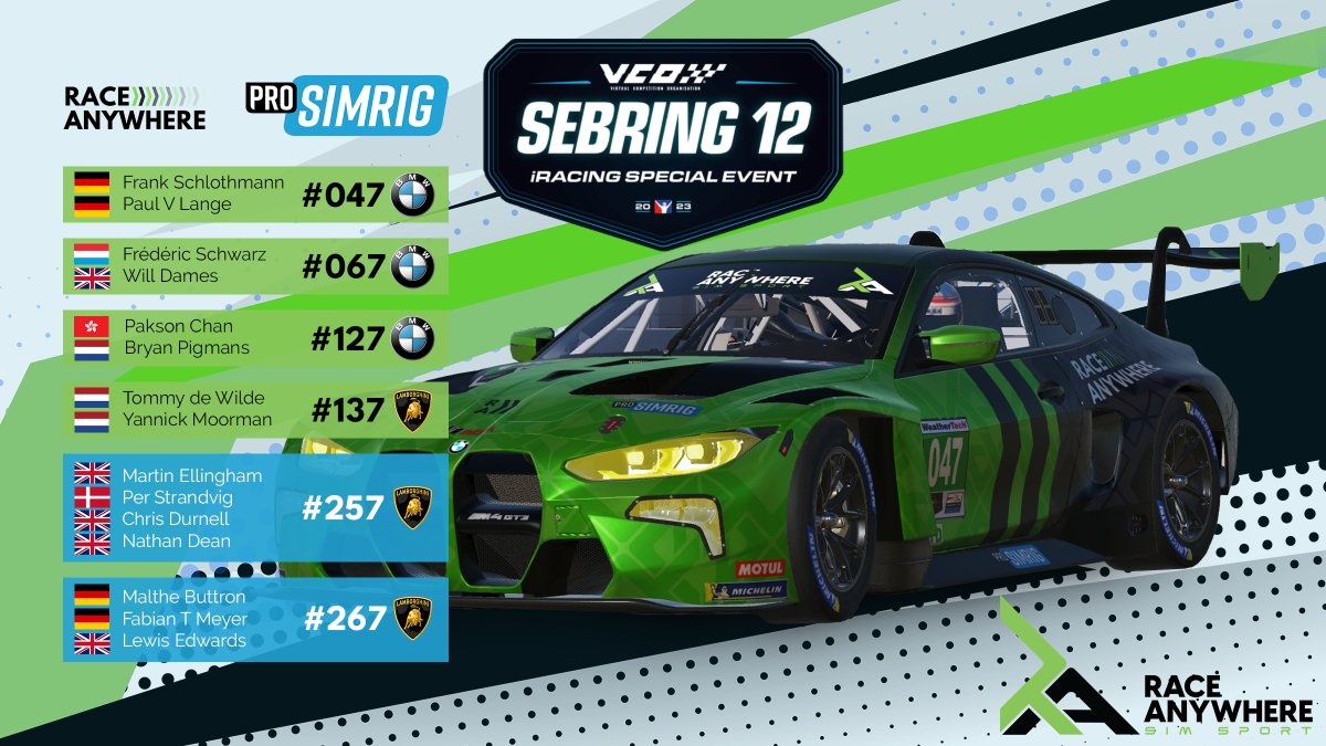 Here is our Line Up for the @iRacing Sebring 12 hours by @vcoesports. 

We are ready for Florida weather. 😤🔥

#GreensOnTop
#weraceanywhere

@raceanywhere | @ProSimRig