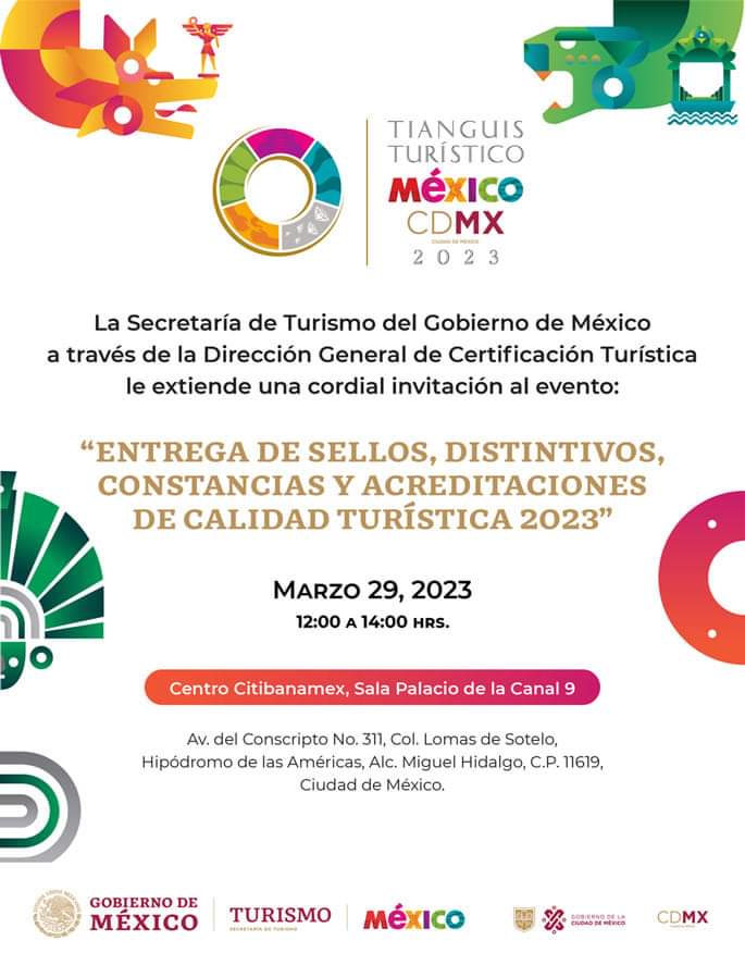 Nos vemos en el #TianguisTurístico. Para entregar distintivos de #CalidadTurística. Siempre con el compromiso de mejorar la competitividad de los destinos con más #ProfesionalesEnTurismo.

#TurismoCDMX #TurismoMéxico #TianguisTurístico2023