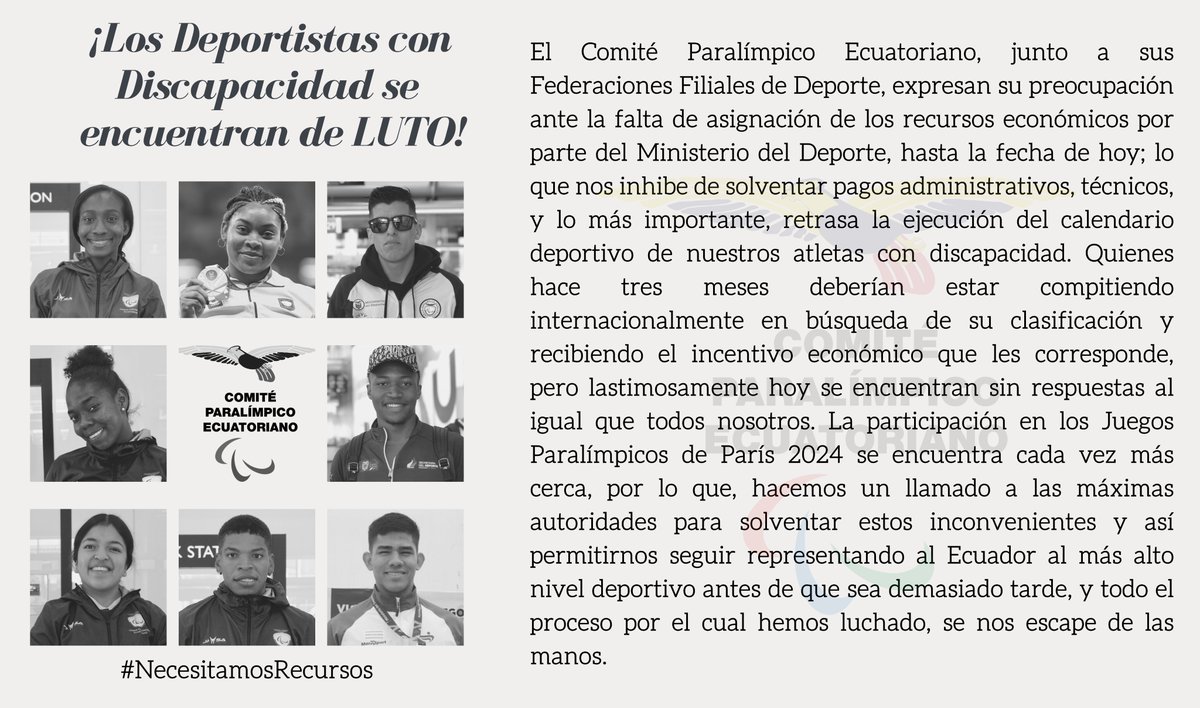 ecuadorcpe's tweet photo. 🔴 COMUNICADO IMPORTANTE 🔴
El Comité Paralímpico Ecuatoriano expresa su inconformidad, con la falta de asignación de recursos económicos para nuestras Federaciones Filiales y deportistas con discapacidad.
¡SIN INGRESOS, NO HAY PROGRESOS!
#NecesitamosRecursos https://t.co/twBLeNnG46