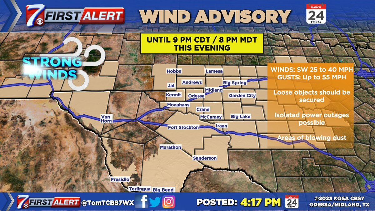 TomTCBS7WX's tweet photo. Strong wind gusts upwards to 40 to 50+ mph will continue through the evening hours with winds calming down after 9 pm. https://t.co/IKbvkbYUA2