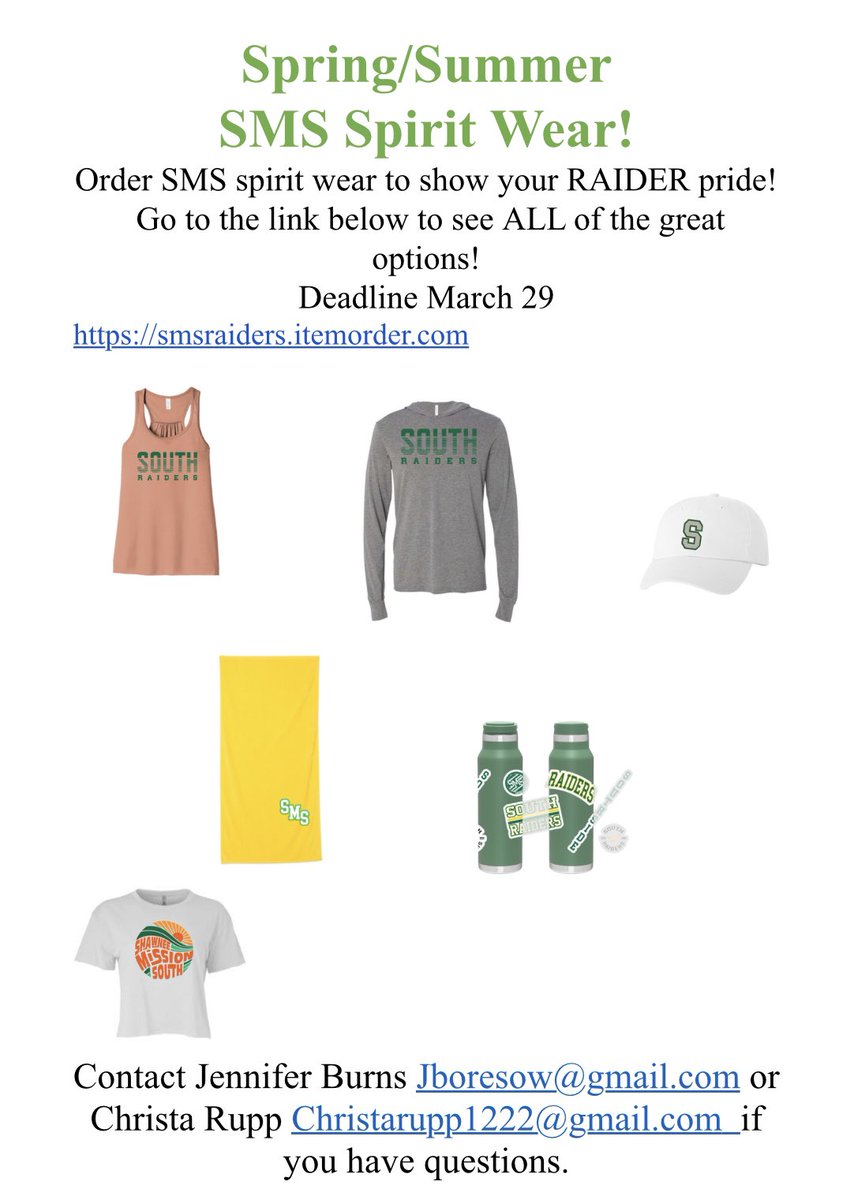 Order Spring/Summer South Spirit Wear
to show your RAIDER pride!  Go to the link below to see ALL of the great options!
Deadline March 29!
smsraiders.itemorder.com