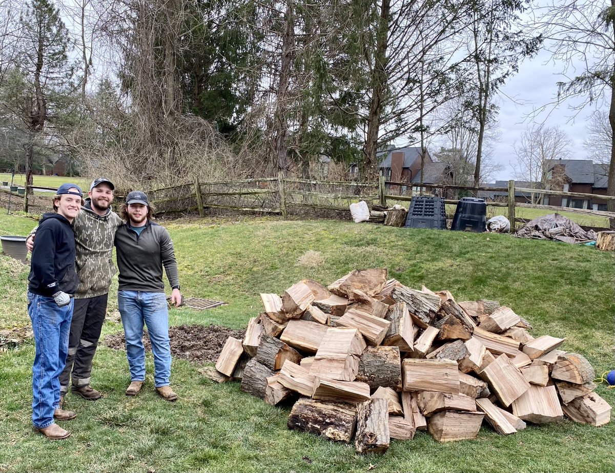 SusanDoud's tweet photo. Three strong guys. 5000 pounds of wood. Busting out the axes tomorrow to chop into firewood. Then let’s get the firepit going! (Wood is already seasoned) Thanks ⁦@MikeeDoud⁩ #Fridayfun https://t.co/EqqQfYoWnJ
