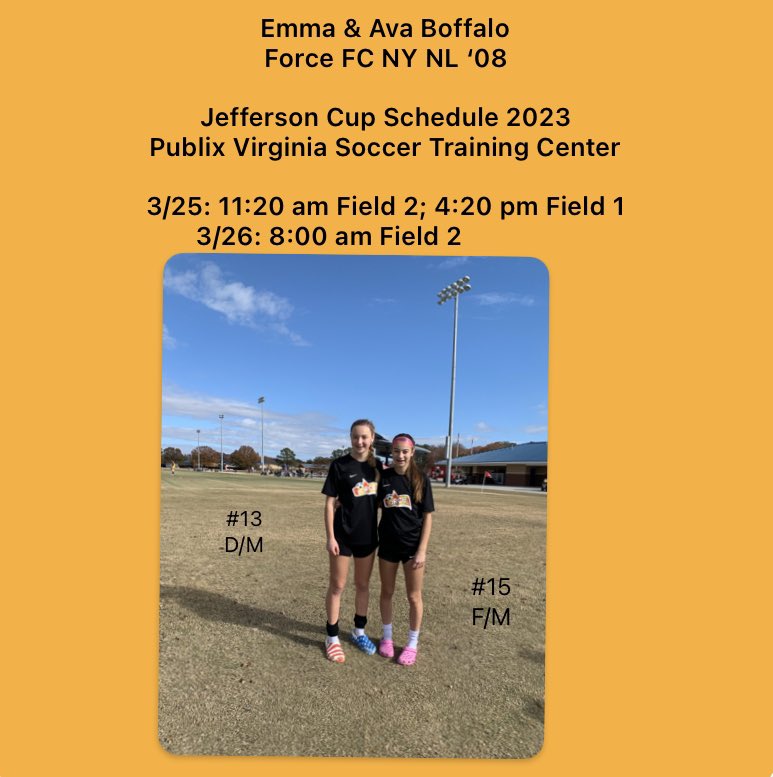 EmmaBoffalo's tweet photo. My twin sister and I will be competing at the Jefferson Cup #JeffCup23 this weekend with Force FC NY NL ‘08. Looking forward to some great competition at a great event!  @jeffersoncup @ForceFCNY @AvaBoffalo https://t.co/gnJ7vCuBYe