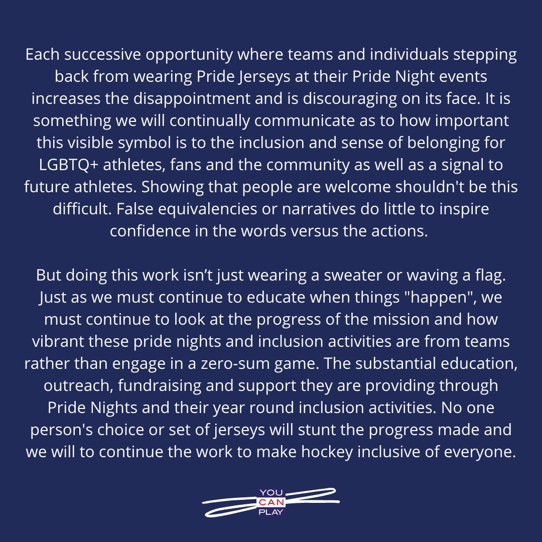 You Can Play statement on our Pride Night work