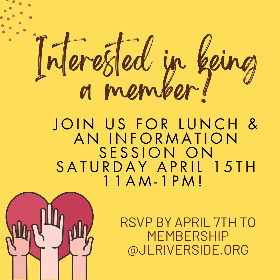 JLRiverside's tweet photo. Interested in the Jr League of Riverside? Please join us on Saturday, April 15, 2023, from 11 AM - 1 PM for  lunch and an information session. Please RSVP by April 7th to membership@jlriverside.org
#volunteeroppourtnities #riversidevolunteers #Jrleague #Riversideca #inlandempire https://t.co/FugjIpycb2