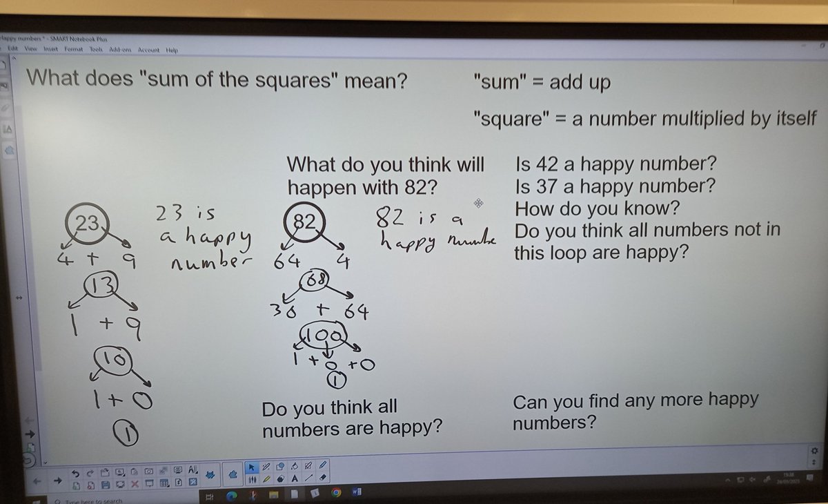 BucksburnMaths's tweet photo. Ended the week with #s1maths working out Happy Numbers. An opportunity to follow instructions, practice basic arithmetic, organise results, and make predictions and spot patterns. Hectic lesson but lots of great discussion. https://t.co/BXMOAtrM3X