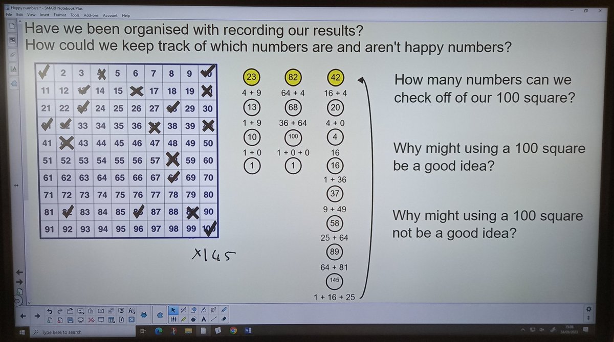 BucksburnMaths's tweet photo. Ended the week with #s1maths working out Happy Numbers. An opportunity to follow instructions, practice basic arithmetic, organise results, and make predictions and spot patterns. Hectic lesson but lots of great discussion. https://t.co/BXMOAtrM3X