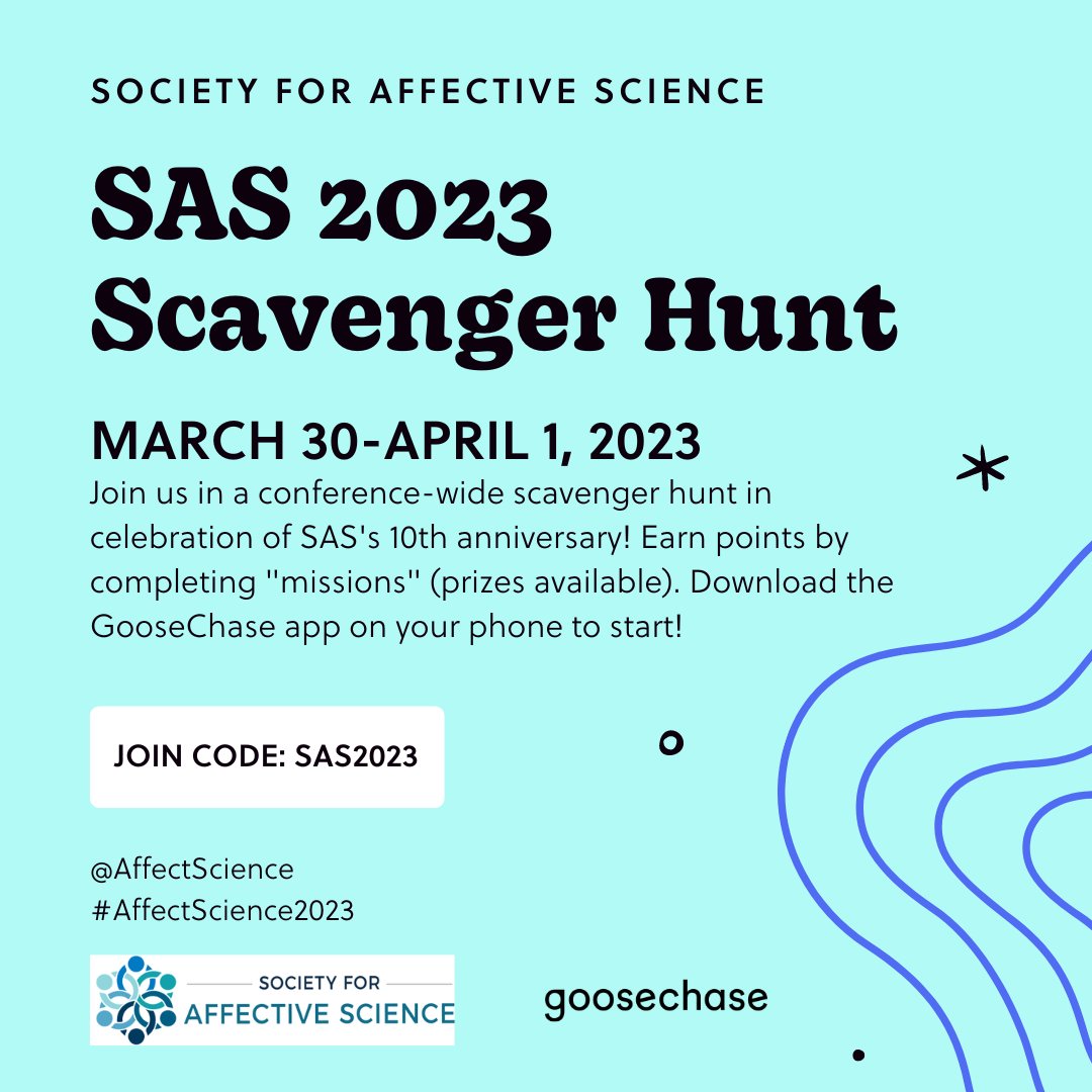 Did you know that this year is SAS' 10th anniversary!?! As part of the festivities, join our #AffectScience2023 scavenger hunt via the GooseChase app! Search for this Experience as "SAS2023," create your profile, &amp; start playing. New point opportunities each day w/ real prizes!
