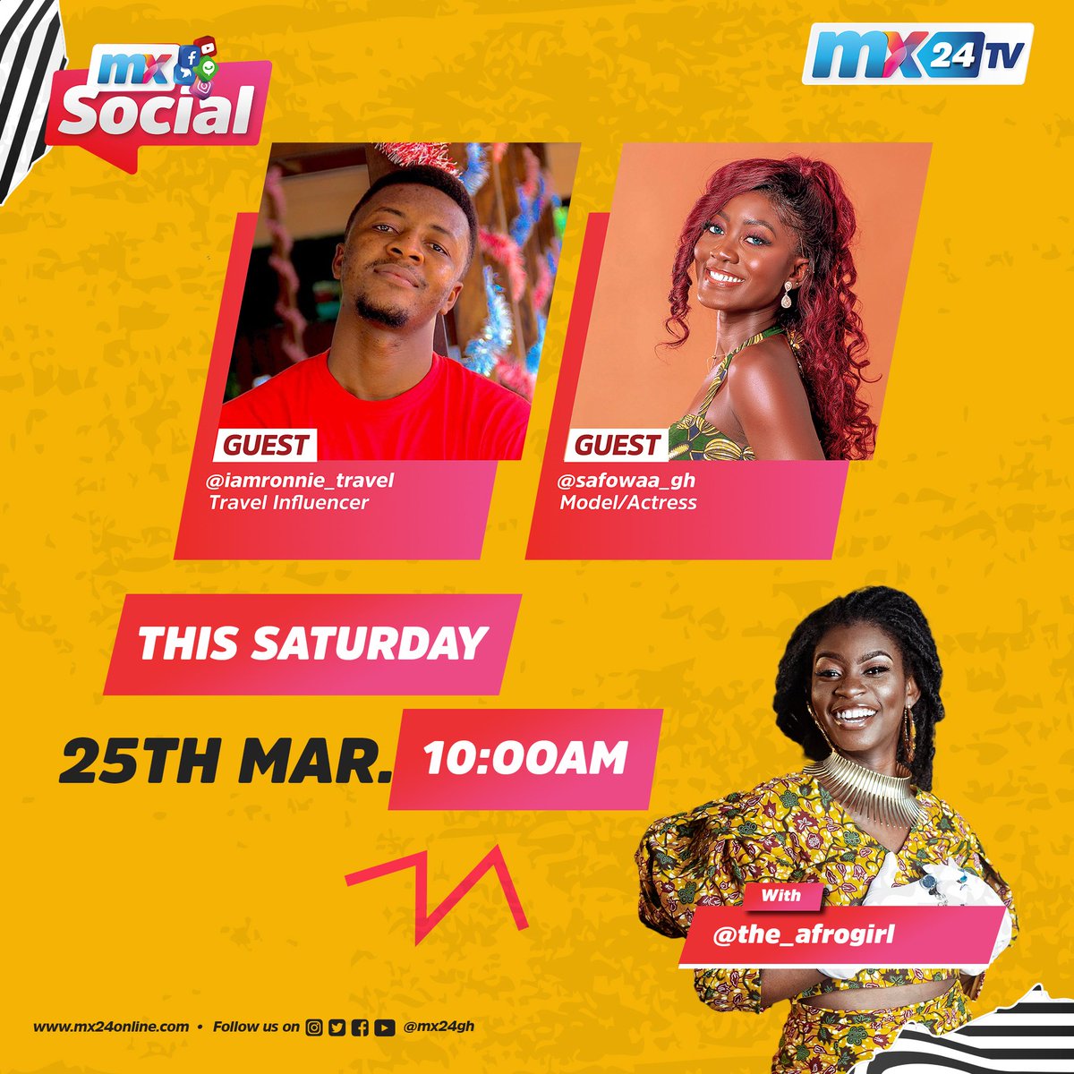mx24gh's tweet photo. Pure weekend vibes with the @_AfroGirl and guests @RonnieIsNowhere and @SafowaaGh_ as they bring you a breakdown of the biggest trending stories on social media. Tune in at 10am on MX24 TV.
#mx24gh #funfearlessfactual #MXSocial https://t.co/fGsmfOR7Ns
