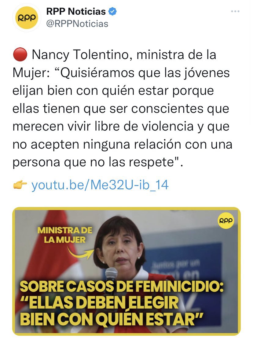drantonioquispe's tweet photo. “Fuerte y claro: NO Sra Ministra de la Mujer, la culpa de su feminicidio NO ES DE KATHERINE por escoger mal a su pareja!!!”

A Katherine Gómez la mató Sergio Tarache porque vivimos en una sociedad asquerosamente machista donde hasta la ministra de la mujer excusa el feminicidio! https://t.co/e14o0NIh1G