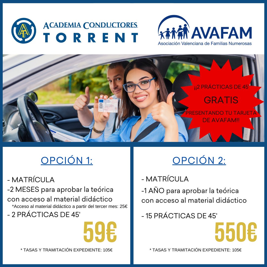 AVAFAM's tweet image. 🚘 Ha llegado el momento de sacarse el carnet de conducir 🚘

Academia Conductores Torrent te lo pone fácil para que no lo pienses más. Aprovecha la oportunidad por ser familia asociada. 

Contacta en el 607401892 o en el correo:  contacto@autoescuelatorrent.com