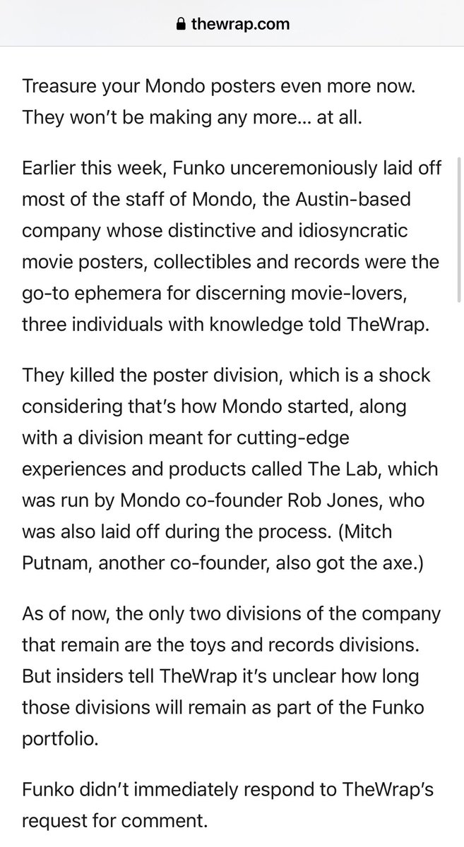 dveese's tweet photo. Man this MONDO news blows my mind. 

Beyond the staff, all those artisans will be looking for new outlets. 

How do you cancel a print business that sells out with each new release? https://t.co/LTKhjKssIE