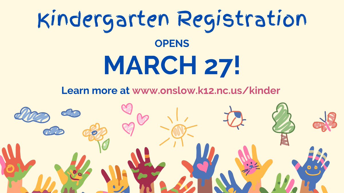 Parents, the time has come to send your little ones to school! Kindergarten registration for the 2023-2024 school year opens Monday, March 27!
Learn more about eligibility and how to register at onslow.k12.nc.us/kinder.