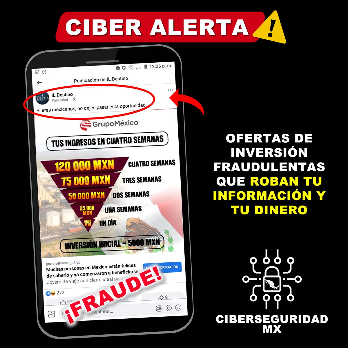 MexicoCiber's tweet photo. 🚧🚨¡MUCHO CUIDADO!🚨🚧
Cibercriminales difunden campañas de publicidad pagada en redes sociales con oportunidades de inversión fraudulentas suplantando a #GrupoMéxico, no des información, te robarán tus datos y tu dinero.
#CiberseguridadMX #InternetSeguro #NoCaigas https://t.co/GkjRTfrXAv