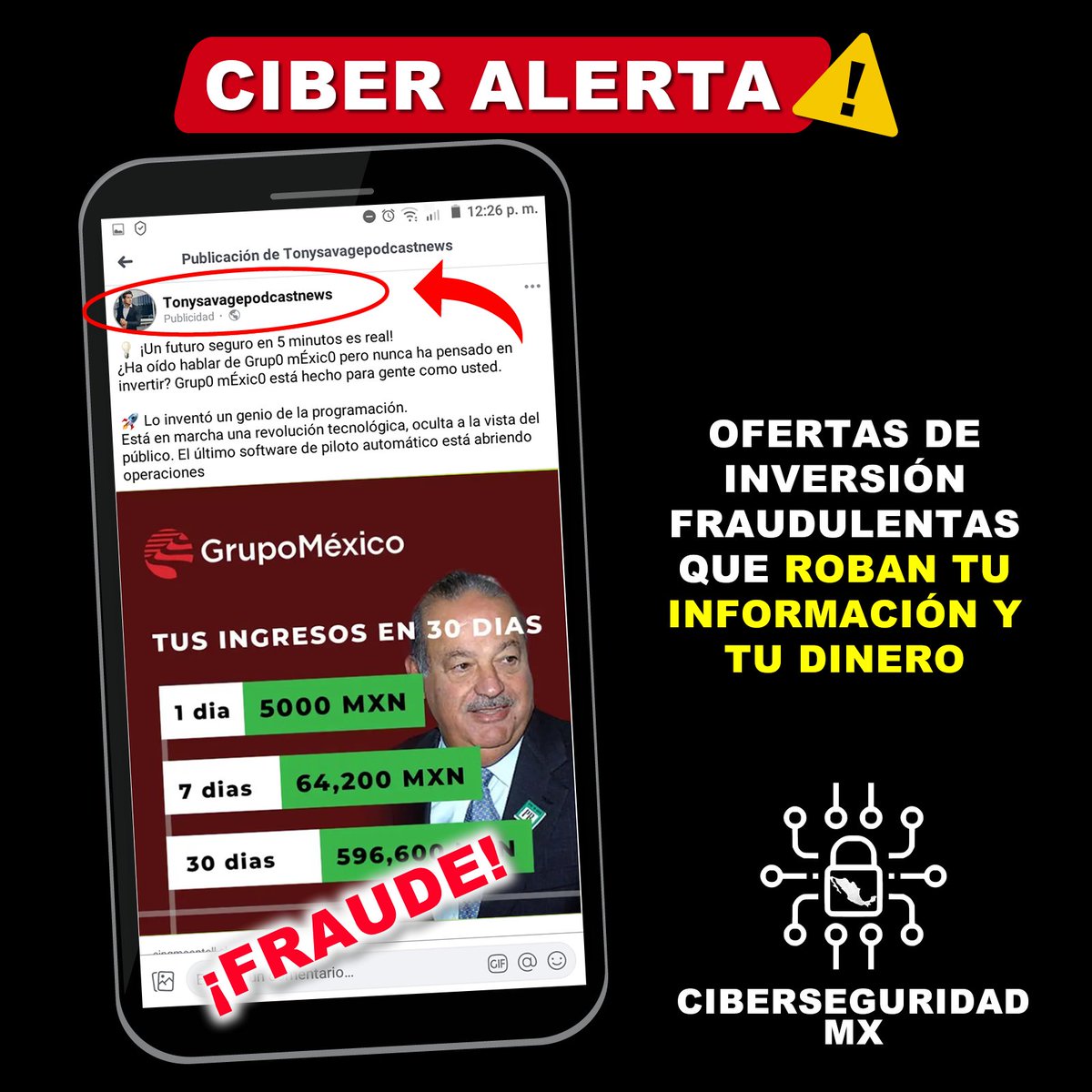 MexicoCiber's tweet photo. 🚧🚨¡MUCHO CUIDADO!🚨🚧
Cibercriminales difunden campañas de publicidad pagada en redes sociales con oportunidades de inversión fraudulentas suplantando a #GrupoMéxico, no des información, te robarán tus datos y tu dinero.
#CiberseguridadMX #InternetSeguro #NoCaigas https://t.co/GkjRTfrXAv