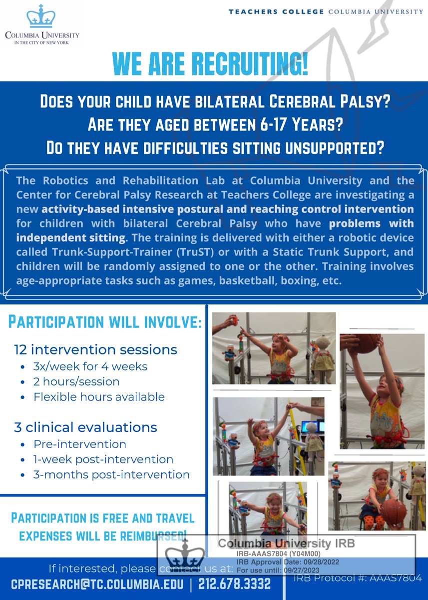 We are recruiting children with bilateral #cerebralpalsy for a free #researchstudy involving a #robotic #trunkcontrol intervention. Please see attached flyer  details! #pt #motorlearning #rct #columbia #rehabilitation