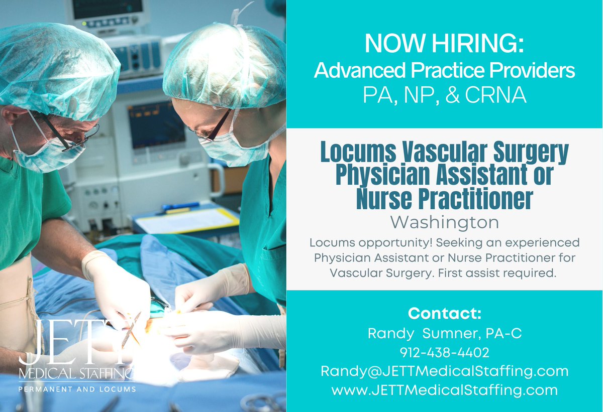 Now Hiring a Locums - Vascular Surgery NP/PA for Washington!

View Job: 1l.ink/8BLFW58

#PAOwnedStaffingAgency #PhysicianAssistants #PhysicianAssistantRecruiters #PhysicianAssistants #Jobs #Locums #LocumTenens #Vascular #Surgery #Washington #WAJobs #JETTMedicalStaffing