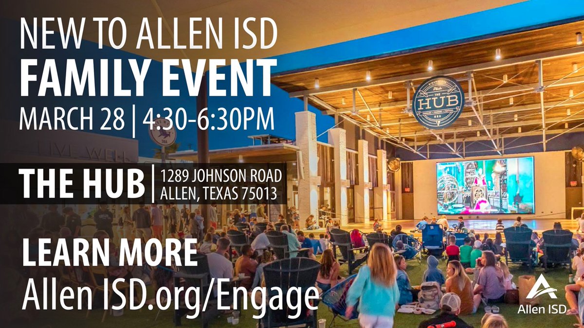 Are you new to Allen ISD in the past 12 months? Then join us at our “New to Allen ISD” Family Event March 28 from 4:30-6:30 p.m. at The HUB (1289 Johnson Rd., Allen TX 75013). Learn more >> tinyurl.com/er5rwe93