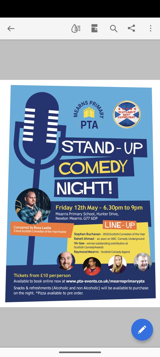 Tickets for our comedy night on Friday 12th of May are now on sale  for just £10 each at pta-events.co.uk/mearnsprimaryp… . It's going to be a fantastic evening so book your babysitter and bring your partner or get a group of friends together and come along!