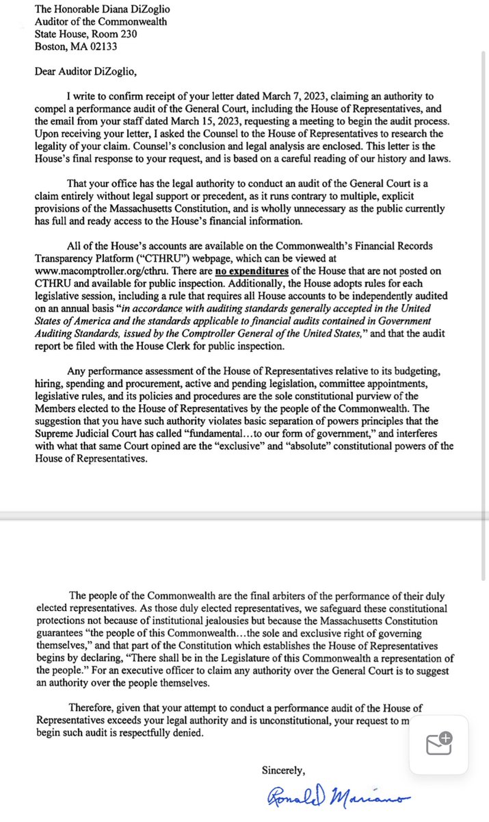 House Speaker <a href="/RonMariano/">Speaker Ron Mariano</a> is NOT amused by <a href="/DianaDiZoglio/">Diana DiZoglio</a>’s attempt to audit the Legislature. In a scathing new letter he says House counsel has determined the audit “exceeds your legal authority and is unconstitutional.”  #mapoli