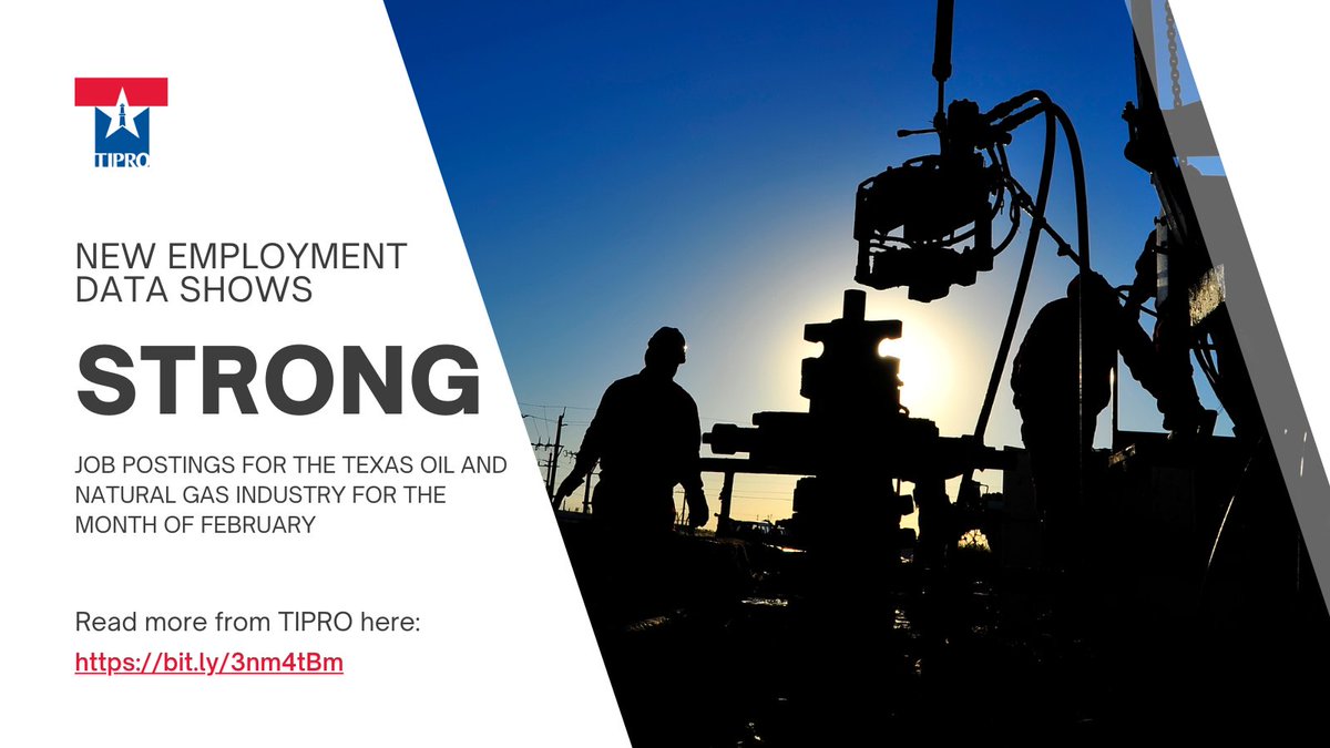 T_I_P_R_O's tweet photo. New employment data highlighted today by @T_I_P_R_O shows there were nearly 12,000 active unique jobs postings for the Texas #oilandgas industry in the month of February, indicating continued demand for available talent and energy workers: https://t.co/CaGJ3hRueP. #TxEnergy https://t.co/uumVYAOmm8