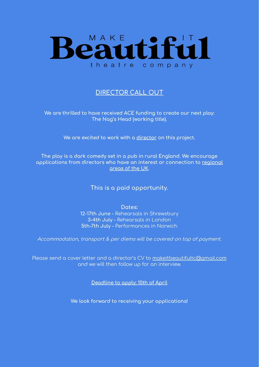 MIBeautifulTC's tweet photo. 🚨WE ARE LOOKING FOR A DIRECTOR🚨
💥After receiving ACE funding we are now in the process of looking for a director for our new upcoming project set in rural England.
🙏Check the pic for details!
#opportunity #directorcallout #acefunding https://t.co/Jwk9cOGyEI