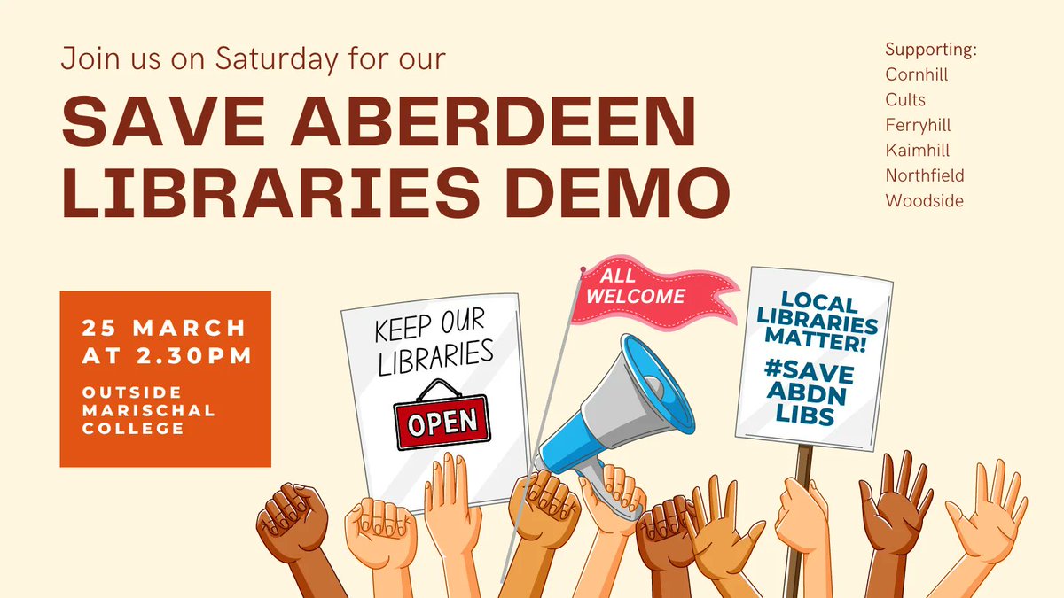 SaveAbdnLibs's tweet photo. It's going to be a busy day for us tomorrow. 🪧
12 pm we are gathering with our friends in Cornhill to protest the closure of their library.
then we'll be heading into town to Marischal College for the all-city #SaveAberdeenLibraries Demo at 2.30 pm.
Everyone welcome at both. https://t.co/QdtJ4I6Mey