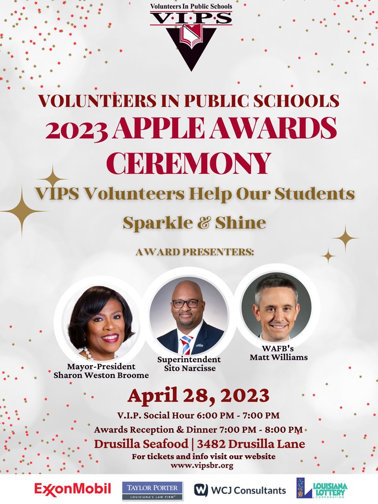 VIPS_BR's tweet photo. Join VIPS as we celebrate our 2023 Apple Award winners. Help us applaud those who share their time and talents with EBRP students. Enjoy live music, a delicious sit-down dinner, and great company as we recognize these stellar volunteers.  For tickets visit https://t.co/m5vkDubBq1 https://t.co/9gPWKTyeIb