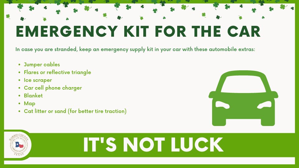 ReadyHarris's tweet photo. Don’t forget your car! Have everything you need ready to go in your car. That way if an emergency happens away from your home, you and your family can still be prepared. 

Visit https://t.co/idcPyHQTkZ for more tips! 

#BePrepared #CarEmergencyKit https://t.co/blcmN59Ko7