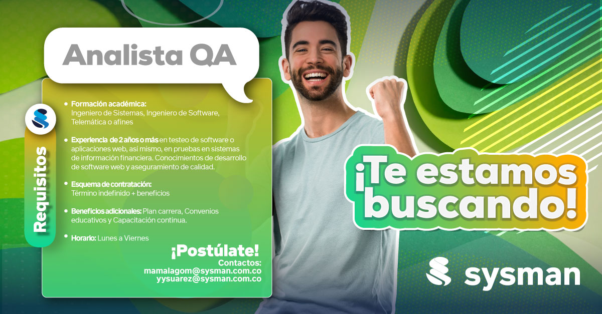 Sysman_Software's tweet photo. Estamos en la búsqueda de un(a) Analista QA, ¿te identificas con el perfil profesional indicado? escríbenos y desarrolla con nosotros este perfil. 💃 🕺 💯 

https://t.co/VOKPR0ywB8 

#convocatorias #TrabajoSiHay #Postulate #sysmanweb #tecnologia #nuevosempleos https://t.co/V3DTc4hZEc