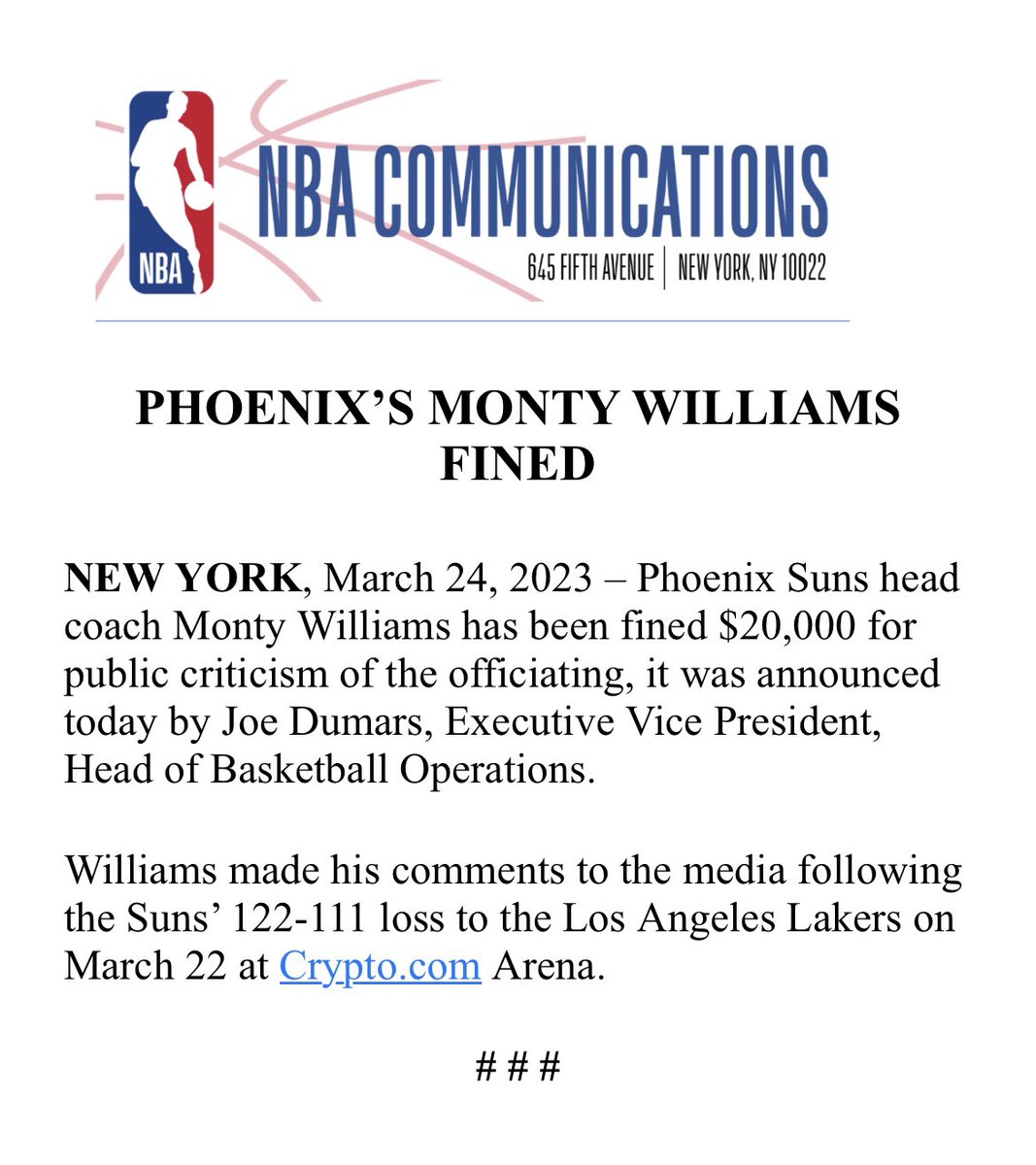NBAPR's tweet photo. The following was released by the NBA. https://t.co/tHhrlJEdHt