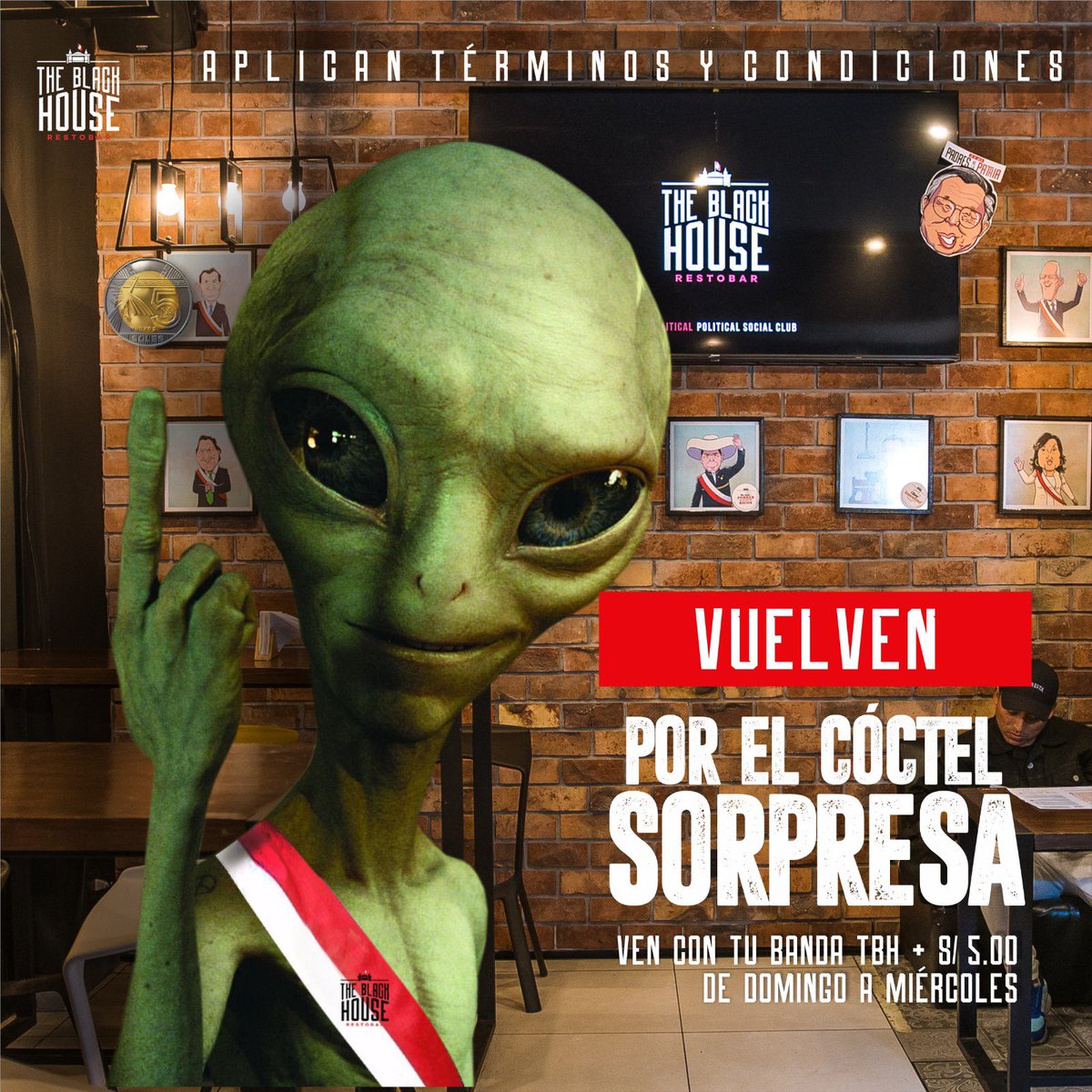 PROMO DE DOMINGO A MIERCOLES
Los marcianos lo saben, llegan a disfrutar un delicioso cóctel sorpresa a S/ 5.00, digno de un mandatario interestelar 😎
.
.

Términos y condiciones
En nuestra cuenta de IG 🙃
.
.
#promo #vencontubanda #teextrañamos #bartematico