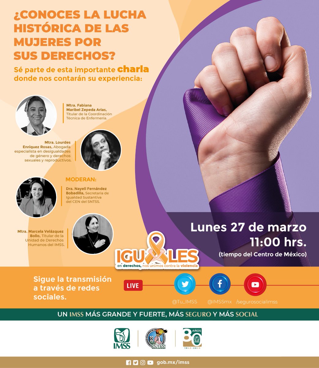 Tu_IMSS's tweet photo. ¿Conoces la lucha histórica de las #mujeres por sus derechos? Sé parte de esta importante charla.

🗓️ Lunes 27 de marzo de 2023.
🕐 11:00 horas.
🔴 Twitter, YouTube y Facebook.

#IgualesEnDerechos, nos unimos contra la violencia. https://t.co/cq0dafQb5S