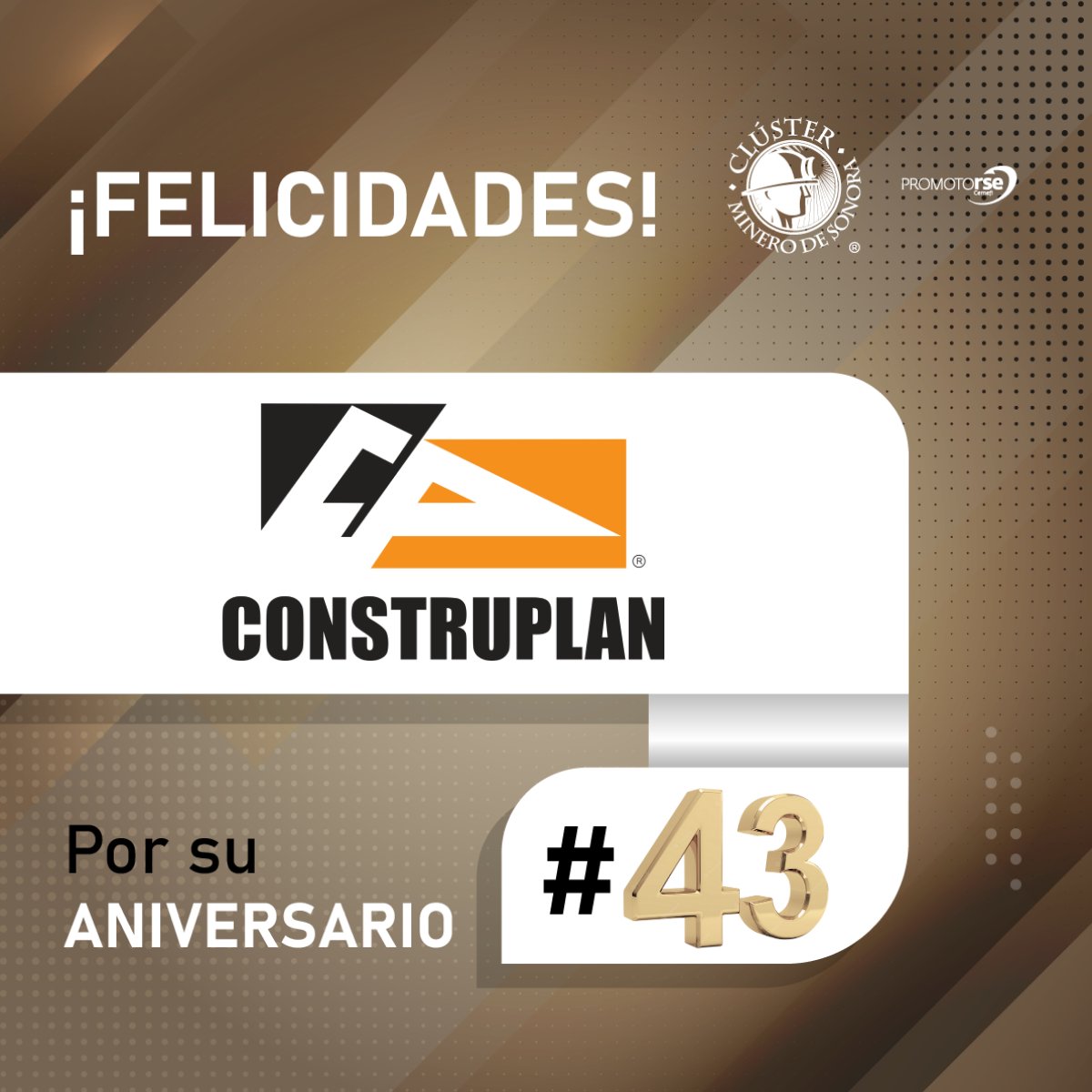 Expresamos una cordial felicitación a todo el equipo de #Construplan por la celebración de su 43 aniversario. 
Reconocemos su contribución al fortalecimiento y desarrollo del sector #minero 
¡Que sigan los éxitos! 👏