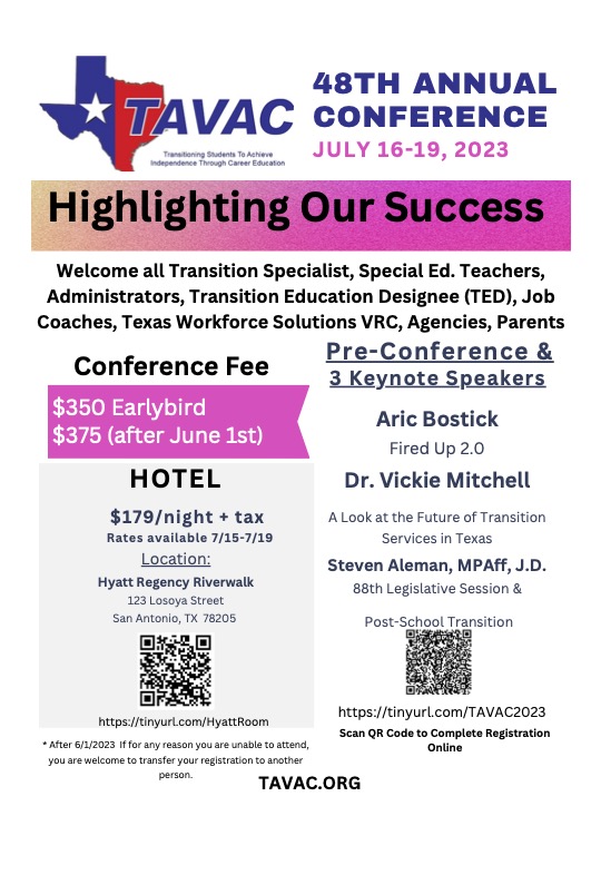 Learn best practice and updated information for supporting individuals with disabilities as they transition to adult life! Also hear from Aric Bostick! Register early for Early Bird Discount! #TED #specialeducation #vocation #highlightingoursuccess  <a href="/AricBostick/">Aric Bostick</a>   <a href="/TXWorkforce/">Texas Workforce Commission</a>