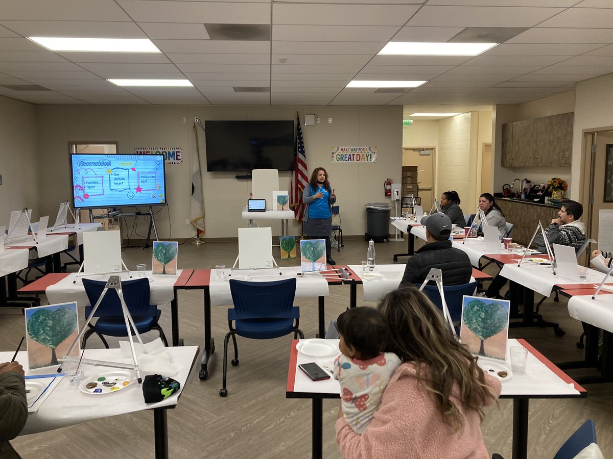 mtviewschools's tweet photo. This morning parents are participating in a Painting Class led by one of our Parent Leaders, learning painting techniques &amp; how to connect art with social/emotional well-being.  Our Family Engagement team hopes to offer parent painting classes monthly. #mvsdrocks https://t.co/M59UUhr8IM