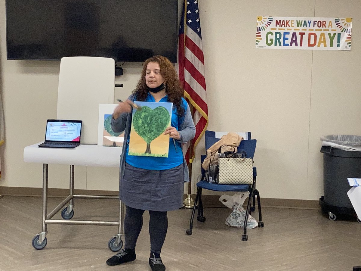 mtviewschools's tweet photo. This morning parents are participating in a Painting Class led by one of our Parent Leaders, learning painting techniques &amp; how to connect art with social/emotional well-being.  Our Family Engagement team hopes to offer parent painting classes monthly. #mvsdrocks https://t.co/M59UUhr8IM