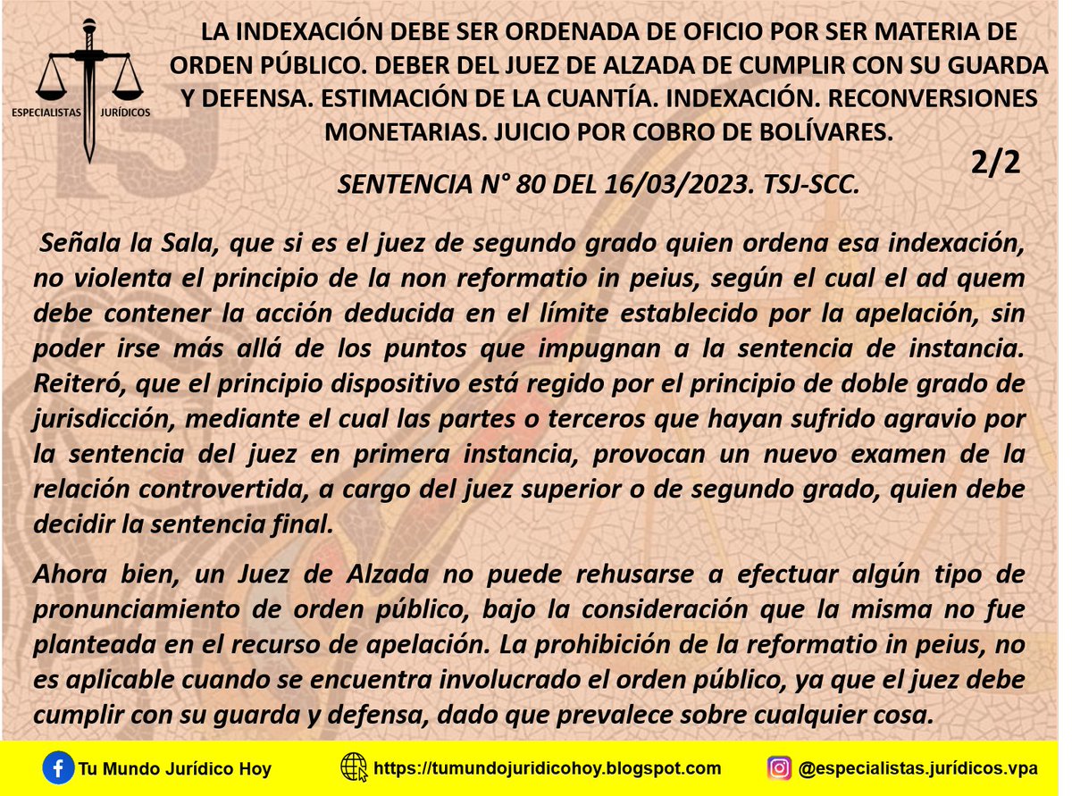 Furiamax's tweet photo. Sentencia N° 80 del 16/03/2023. TSJ-SCC. La Indexación Debe ser Ordenada de Oficio por ser Materia de Orden Público. Deber del Juez de Alzada de Cumplir con su Guarda y Defensa. Estimación de la Cuantía. Indexación. Reconversiones Monetarias. Juicio por Cobro de Bolívares. https://t.co/1FVkzaUAGb