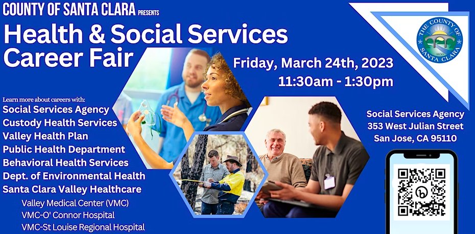 Attend the County of Santa Clara's career fair to showcase employment opportunities in critical county departments today from 11:30 a.m. – 1:30 p.m. at the Social Services Agency - Building 3, 353 West Julian Street in San Jose.  Learn more here: eventbrite.com/e/health-socia…