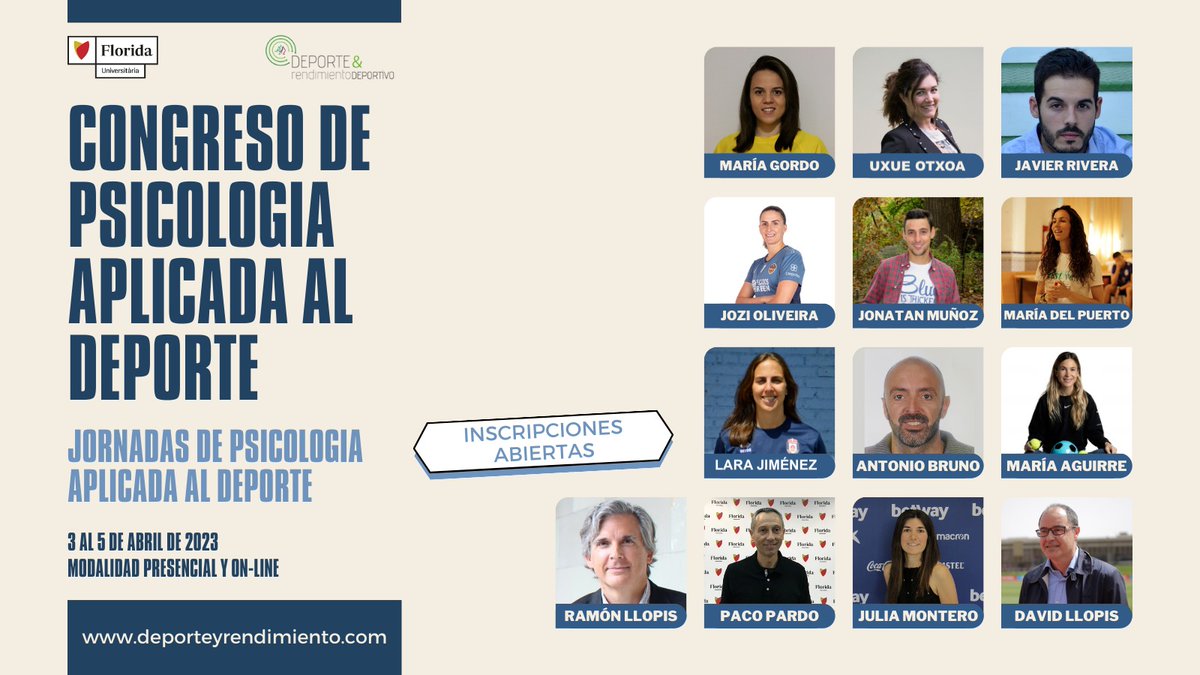 JaviRivera_jrt's tweet photo. Os animo a apuntaros al CONGRESO DE PSICOLOGÍA APLICADA AL DEPORTE los días 3, 4 y 5 de abril, organizado por @floridauni y @FloridaDepMast 

Grandes profesionales del ámbito compartiendo conocimiento actualizado y práctico.

Interesados, más información https://t.co/Wy2RgUEiWg https://t.co/EqGooOdcB4